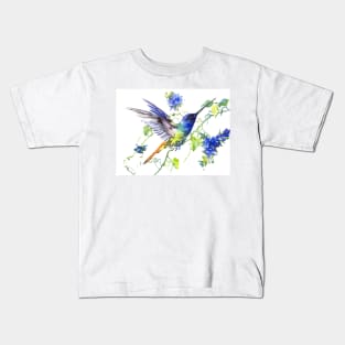 Flying Hummingbird and Blue Flowers Kids T-Shirt